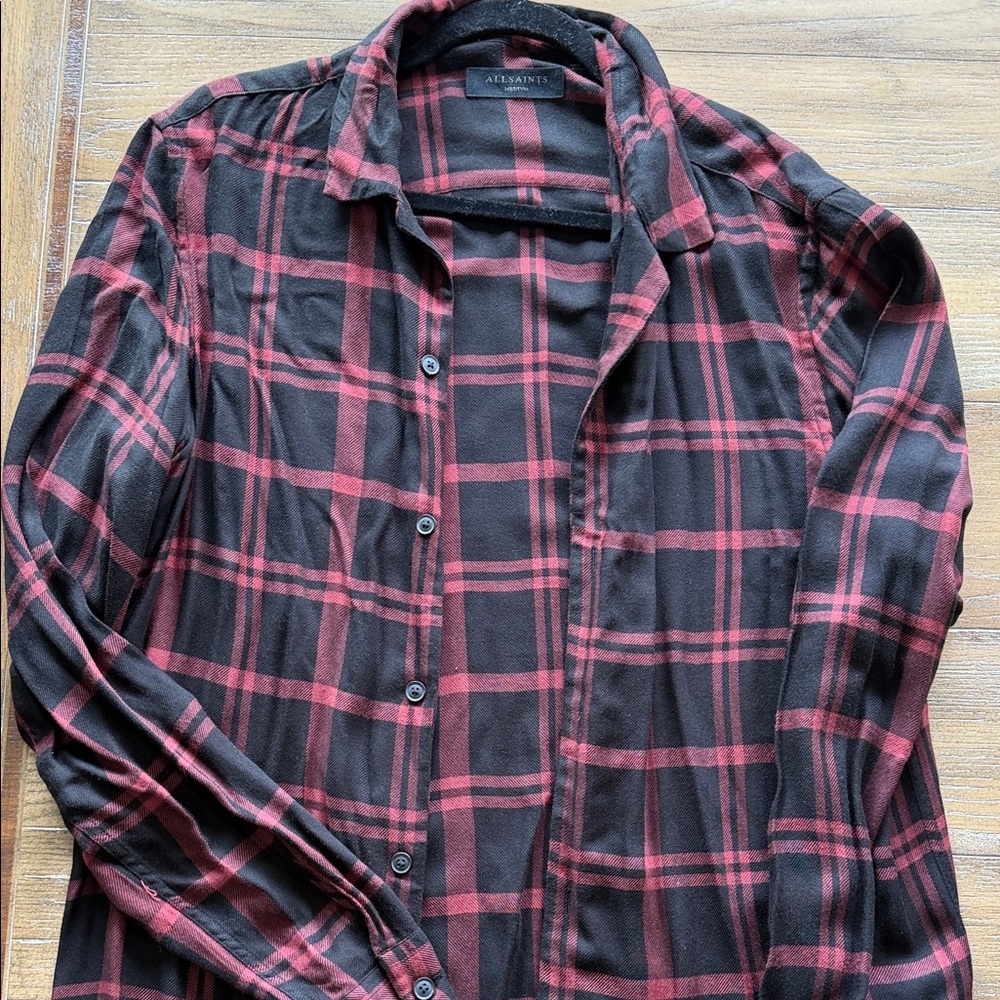 AllSaints Men's Black and Red Plaid Button-Down Shirt